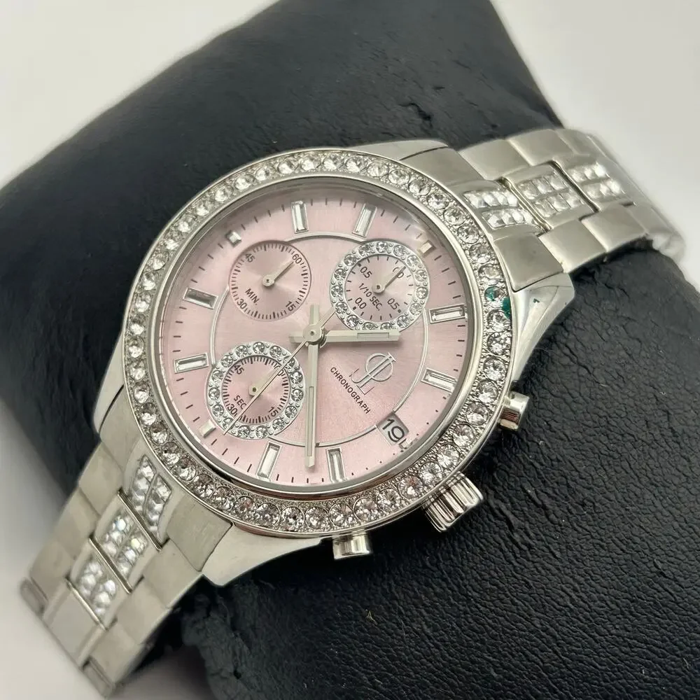 Jennifer Lopez Silver Tone Pink Dial Crystal Accents Women’s Chronograph Watch